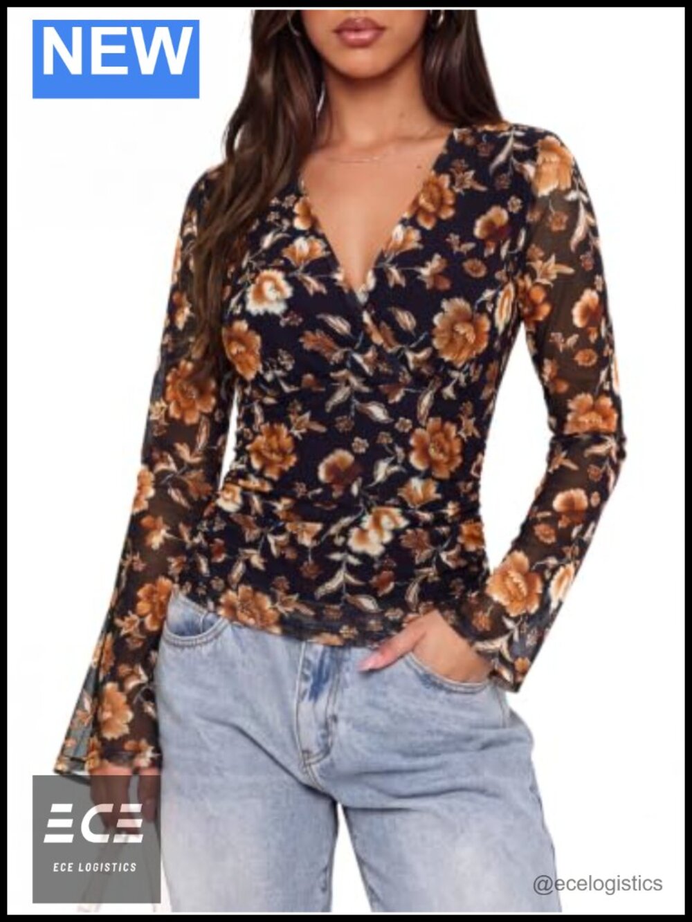 Womens Floral Mesh Wrap Blouse Long Sleeve Ruched V Neck Dressy Top